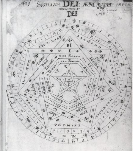 Monochrome manuscript drawing of the Sigillum Dei Aemeth: concentric circular inscriptions, nested seven-sided figures and a central pentagram