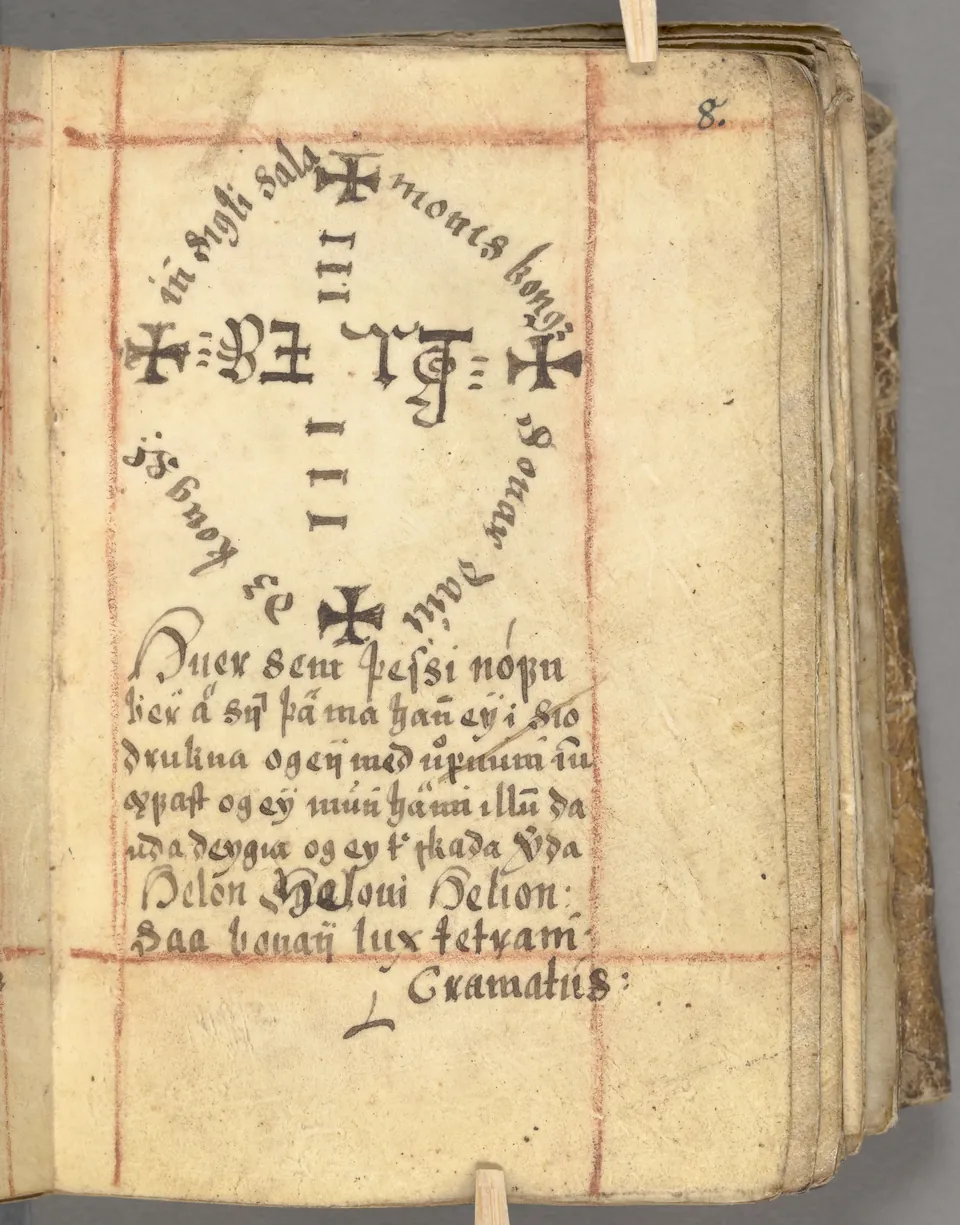 Galdrabók manuscript page with a ring of letters, crosses, and surrounding text