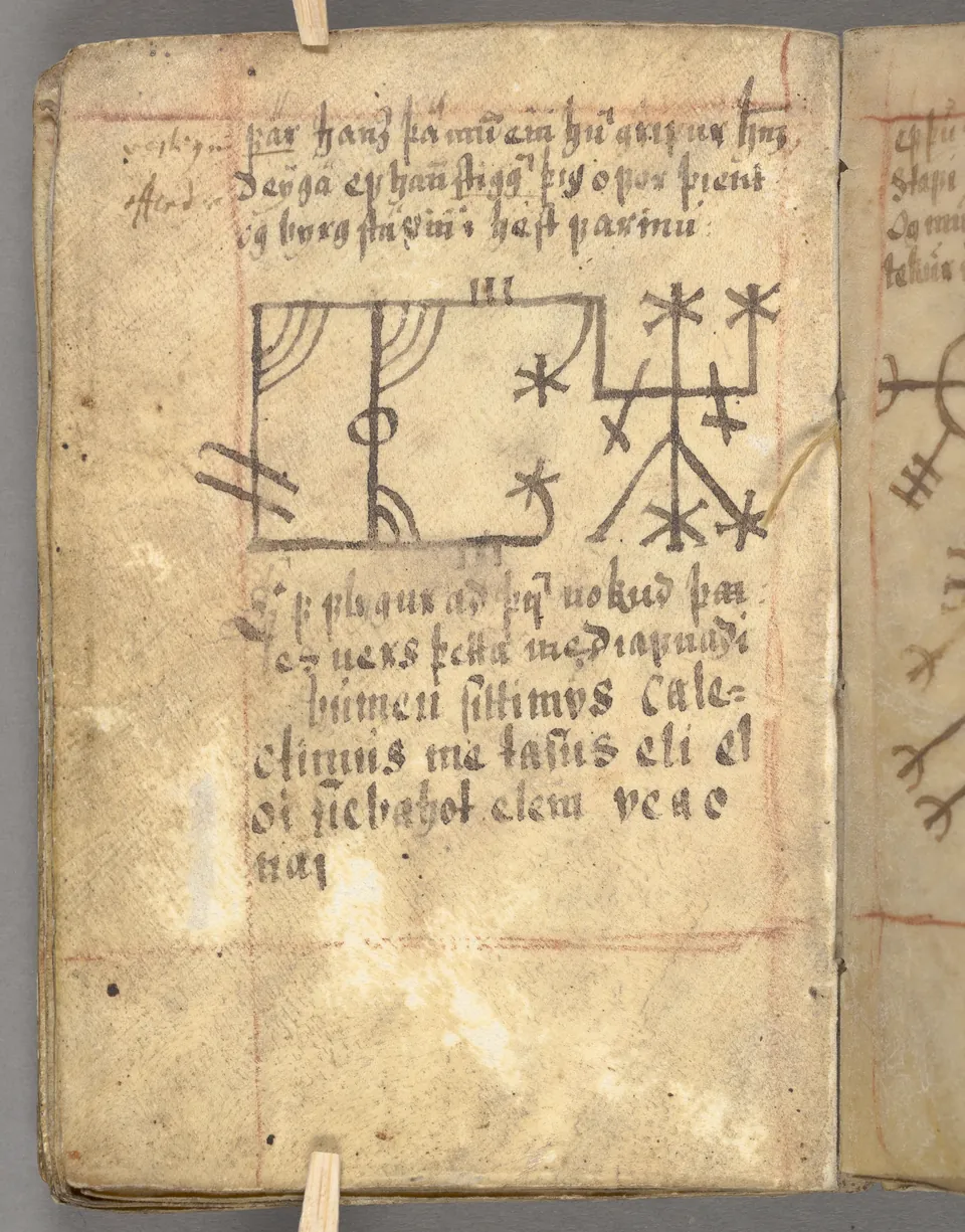 Galdrabók manuscript page with two drawn magical signs embedded in handwritten text