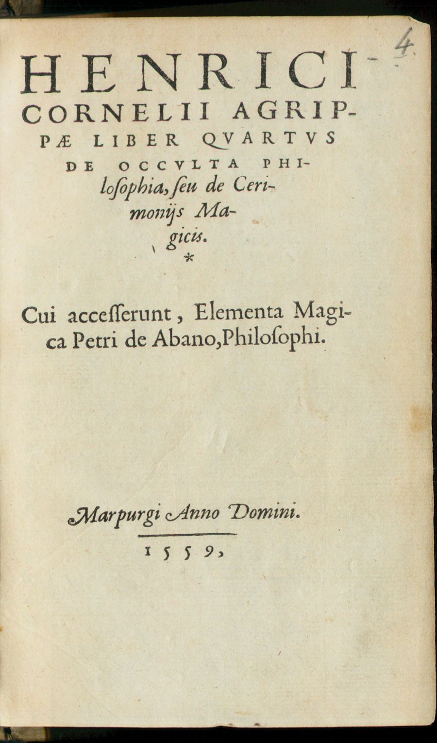 1559 Latin title page naming Agrippa's Fourth Book and the added Elementa Magica of Peter of Abano