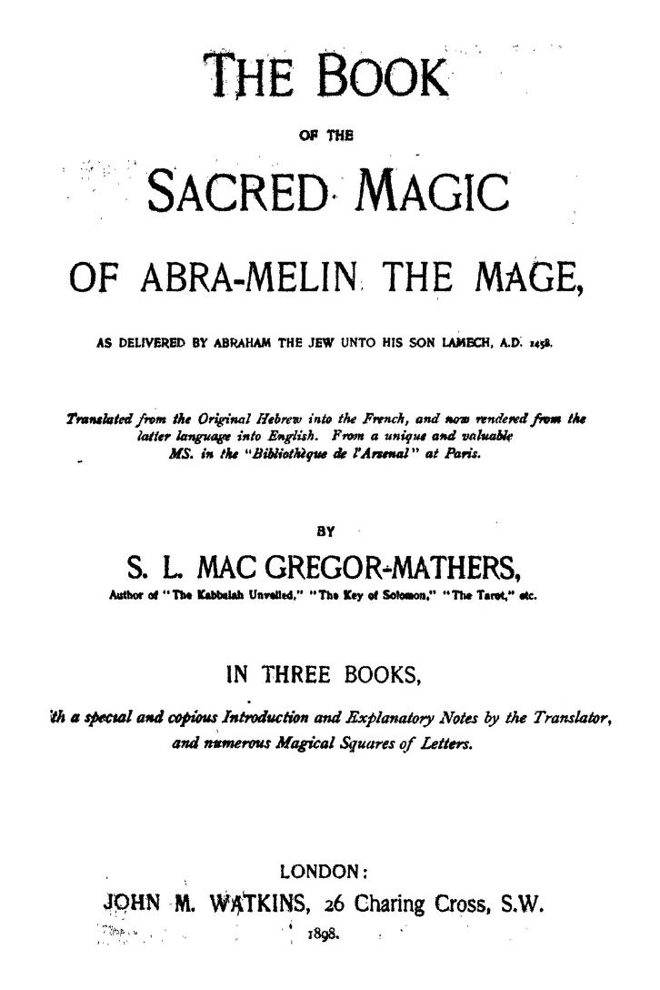 Title page of the 1898 English Book of the Sacred Magic of Abra-Melin