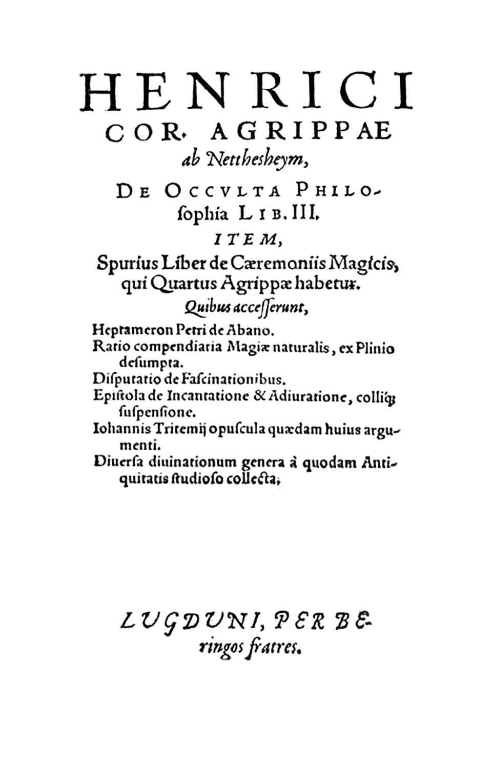 Title leaf of a later occult compendium naming Agrippa and a disputed fourth book