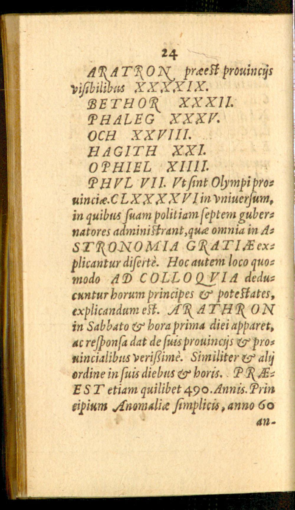 Page 24 of the 1575 Latin Arbatel, listing Olympic governors and their province numbers