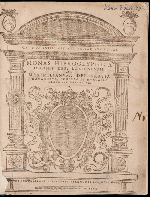 Woodcut title page of John Dee’s 1564 Monas Hieroglyphica, with columns and a central emblem
