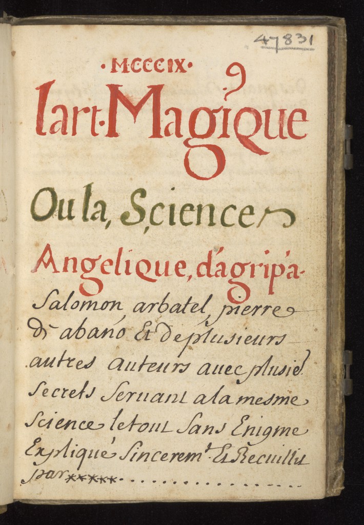 Colored French title leaf of L’art Magique naming Solomon and Arbatel, Wellcome MS.983