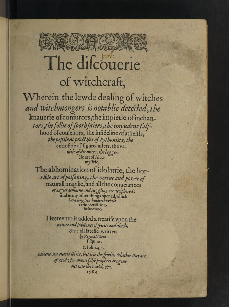 Title page of Reginald Scot’s 1584 Discoverie of Witchcraft, from Wellcome Collection
