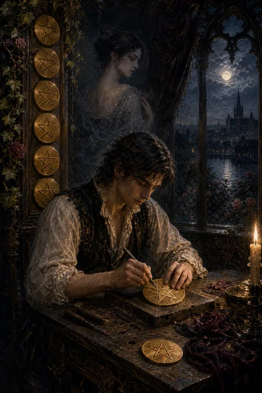 Eight of Pentacles in the Gothic Romance tarot deck