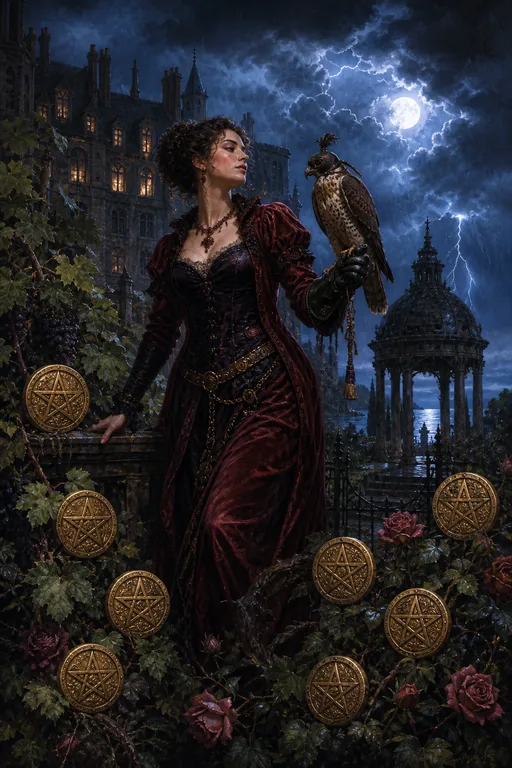Nine of Pentacles in the Gothic Romance tarot deck