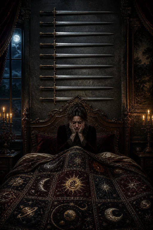 Nine of Swords in the Gothic Romance tarot deck