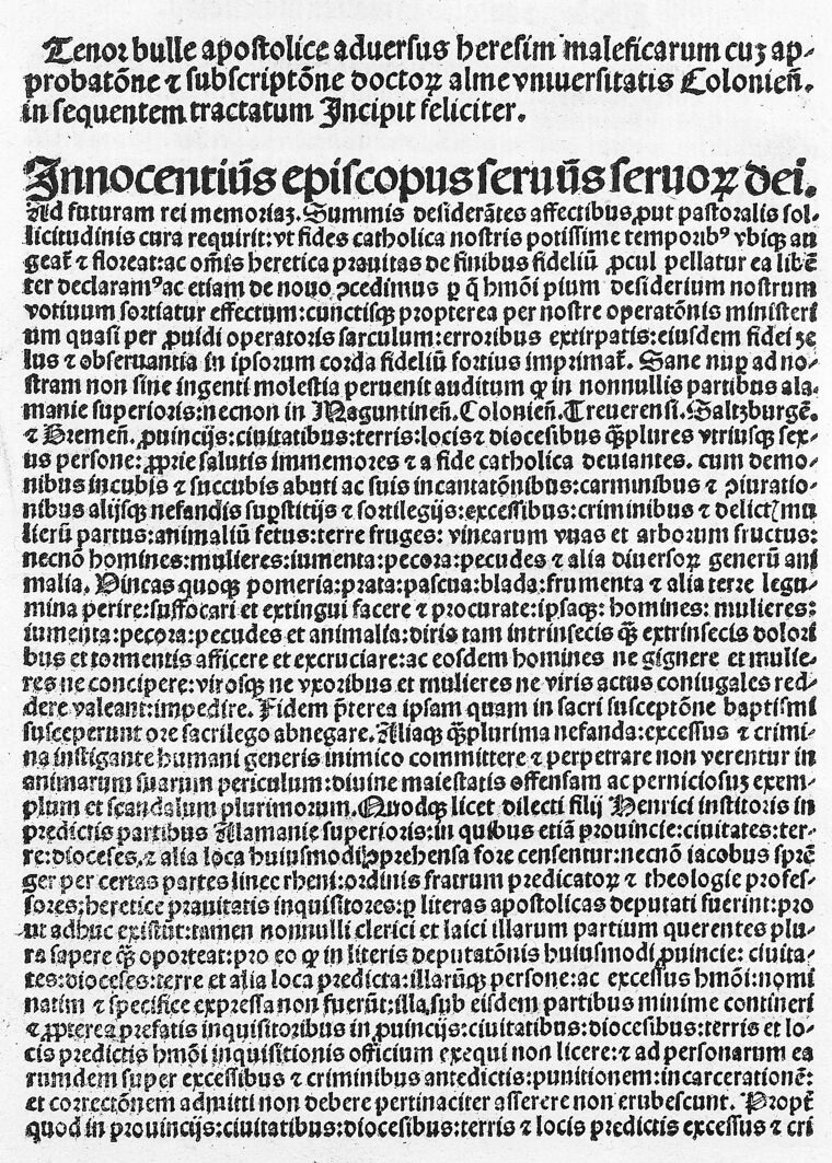 Printed opening of Pope Innocent VIII’s bull in a 1494 Malleus Maleficarum