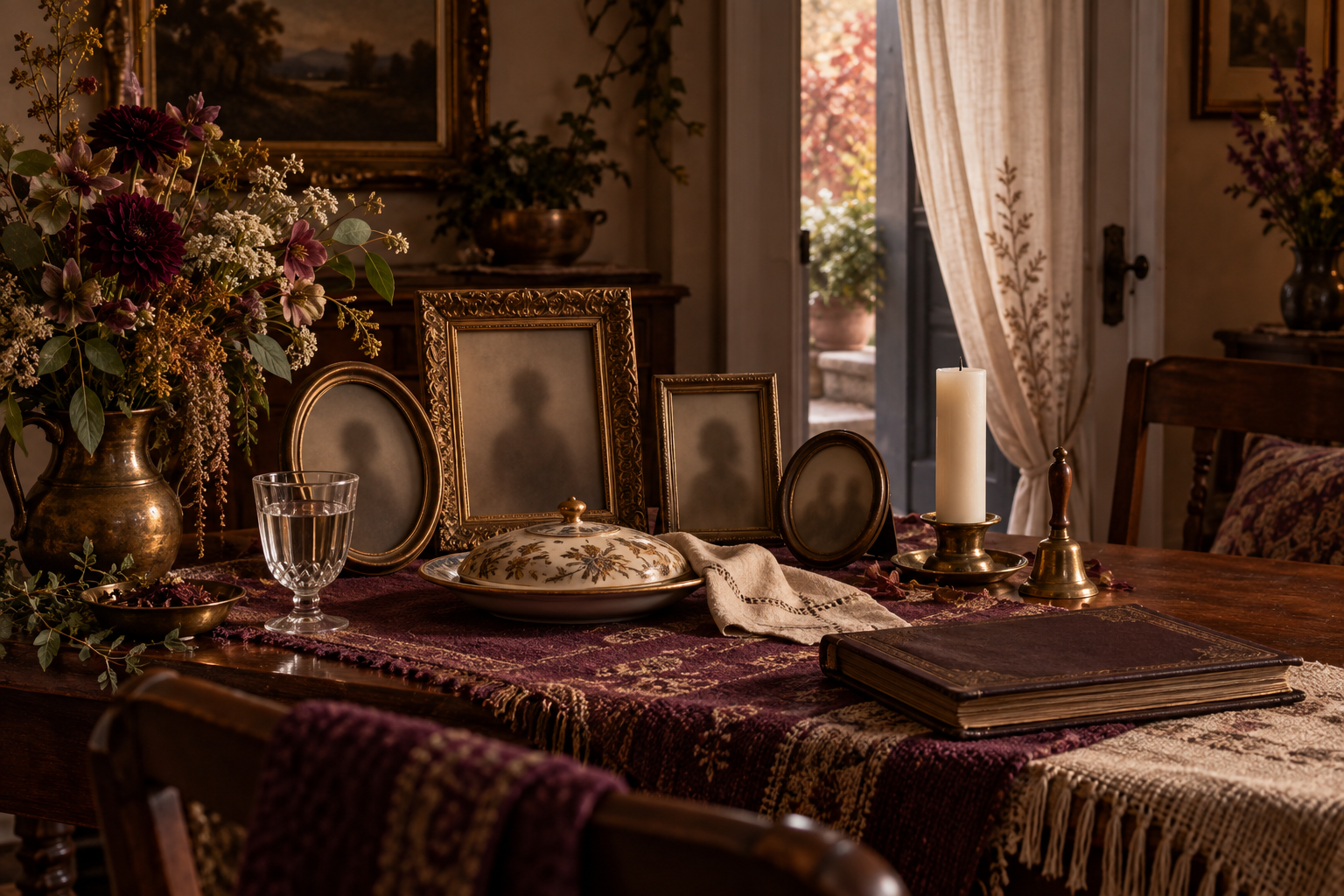 Dignified remembrance table with softly obscured frames, water, covered plate, flowers, bell, album, unlit candle, and open doorway