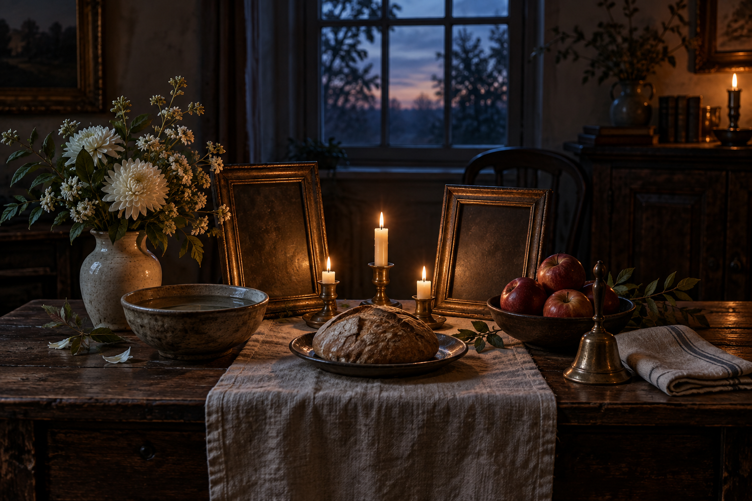 Respectful remembrance table with turned antique frames, water, bread, apples, white flowers, bell, linen, and candles
