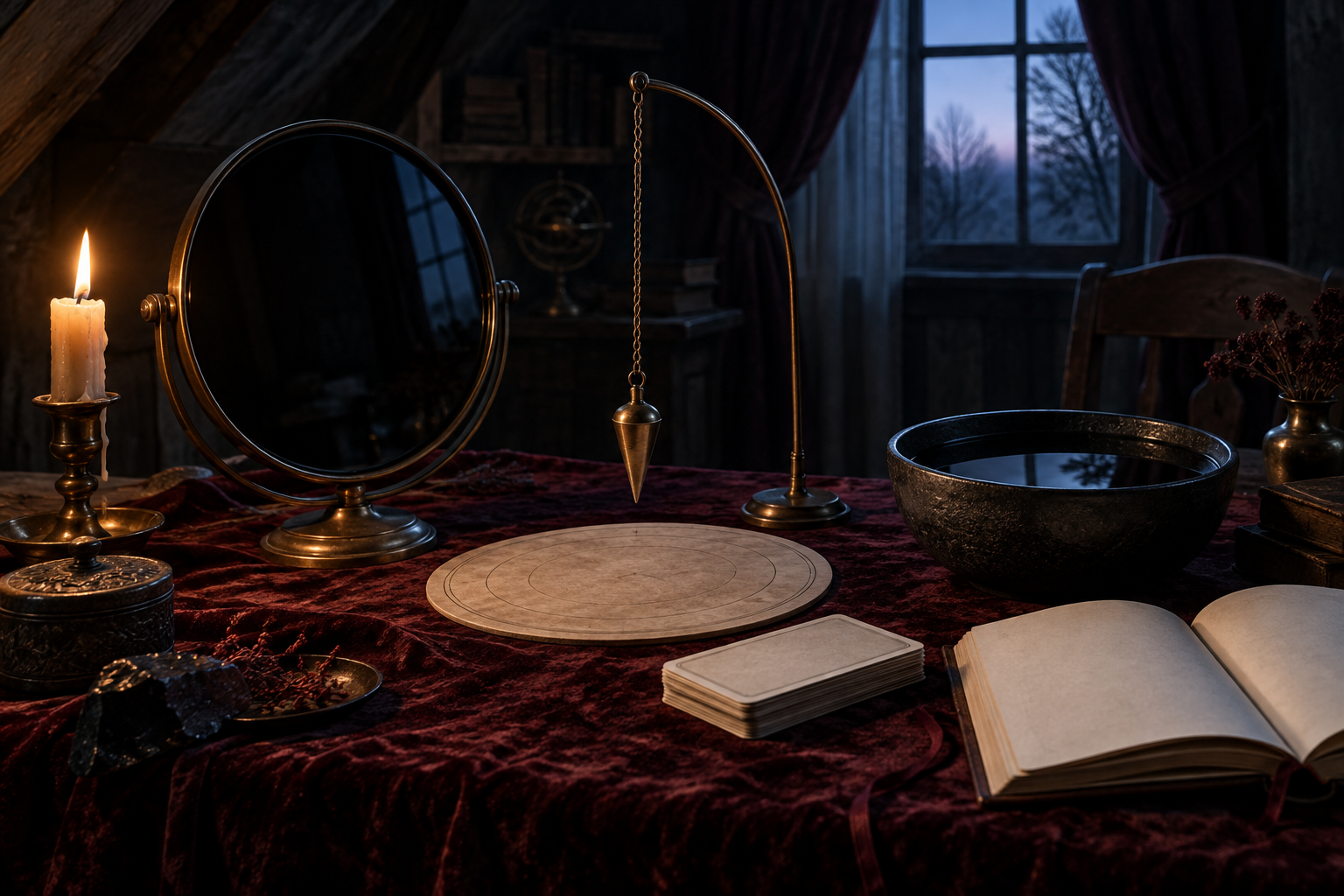 Divination table with an obsidian mirror, brass pendulum, plain-backed cards, bowl of dark water, and blank book