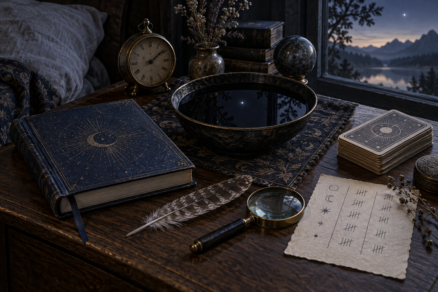Indigo dream journal, brass clock, dark-water scrying bowl, plain-backed cards, feather, magnifier, and tally sheet before dawn