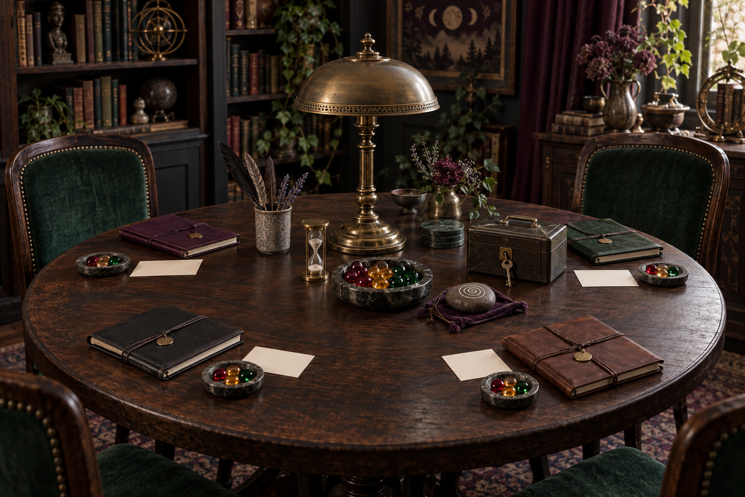Round study table with four empty chairs, separate notebooks, boundary tokens, speaking stone, timer, locked cashbox, key, and blank agreements