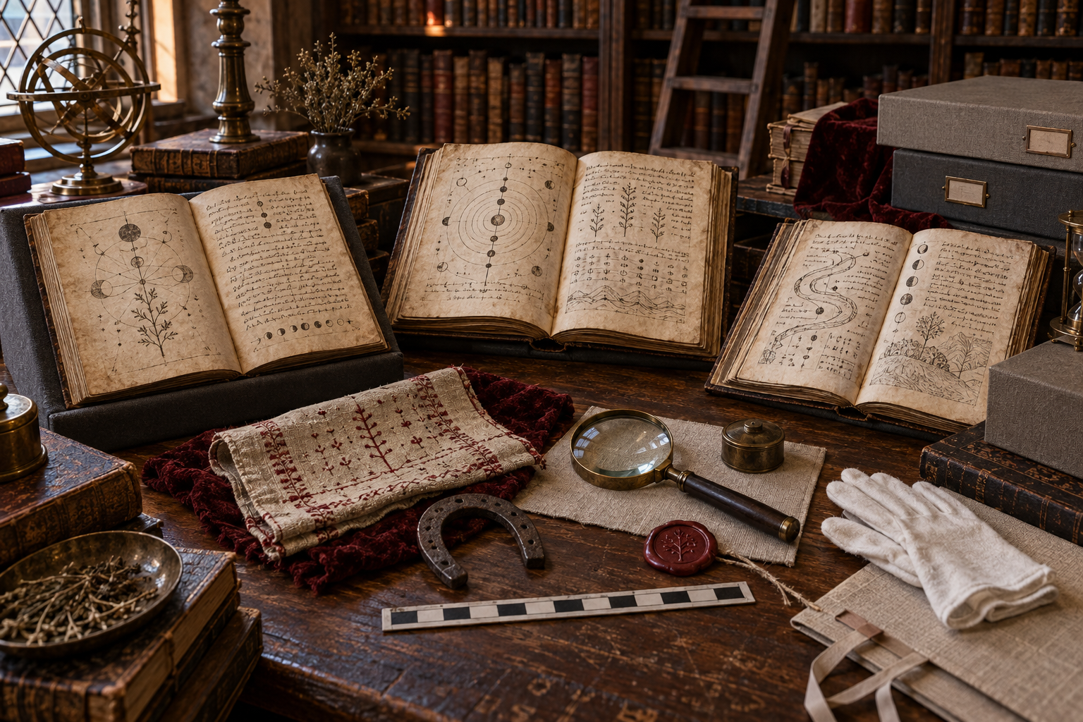 Conservator table with three manuscript facsimiles, household charm textile, iron horseshoe, wax seal, gloves, magnifier, scale, and archival boxes