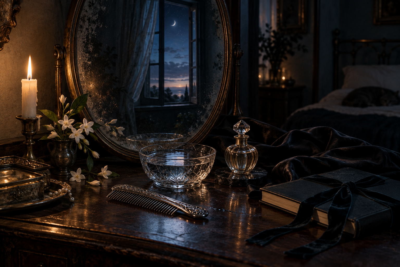 Liminal dressing table with an oval mirror reflecting an open night window, silver comb, rainwater, silk, jasmine, and journal