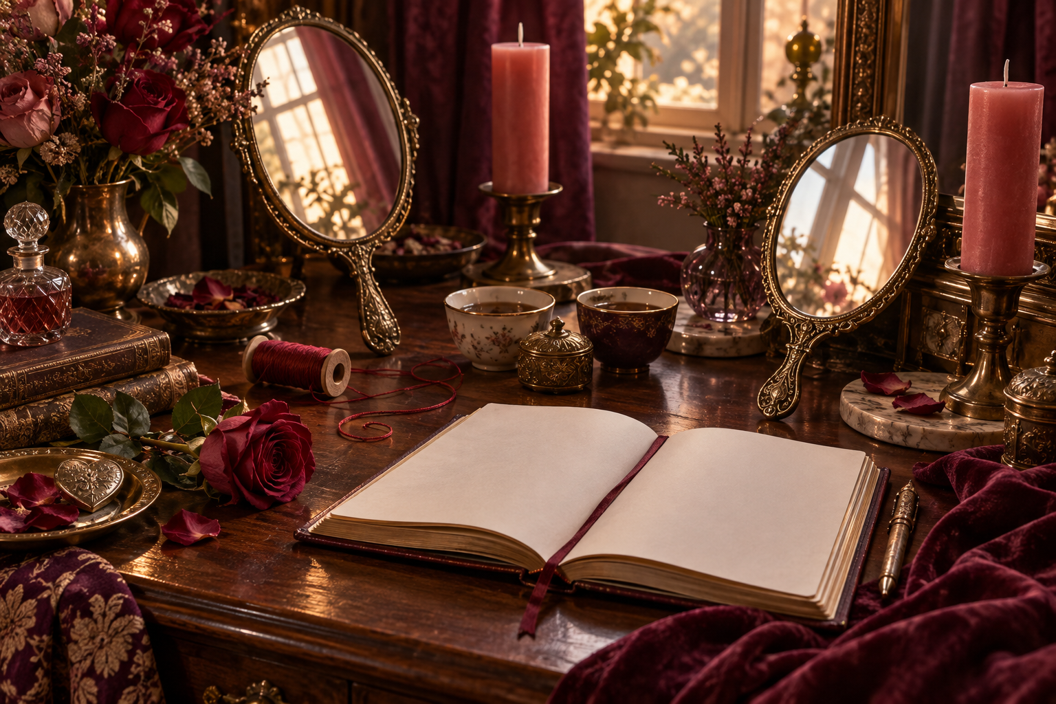 Two mirrors reflecting window light beside rose candles, cups, roses, loose red thread, and a blank relationship journal