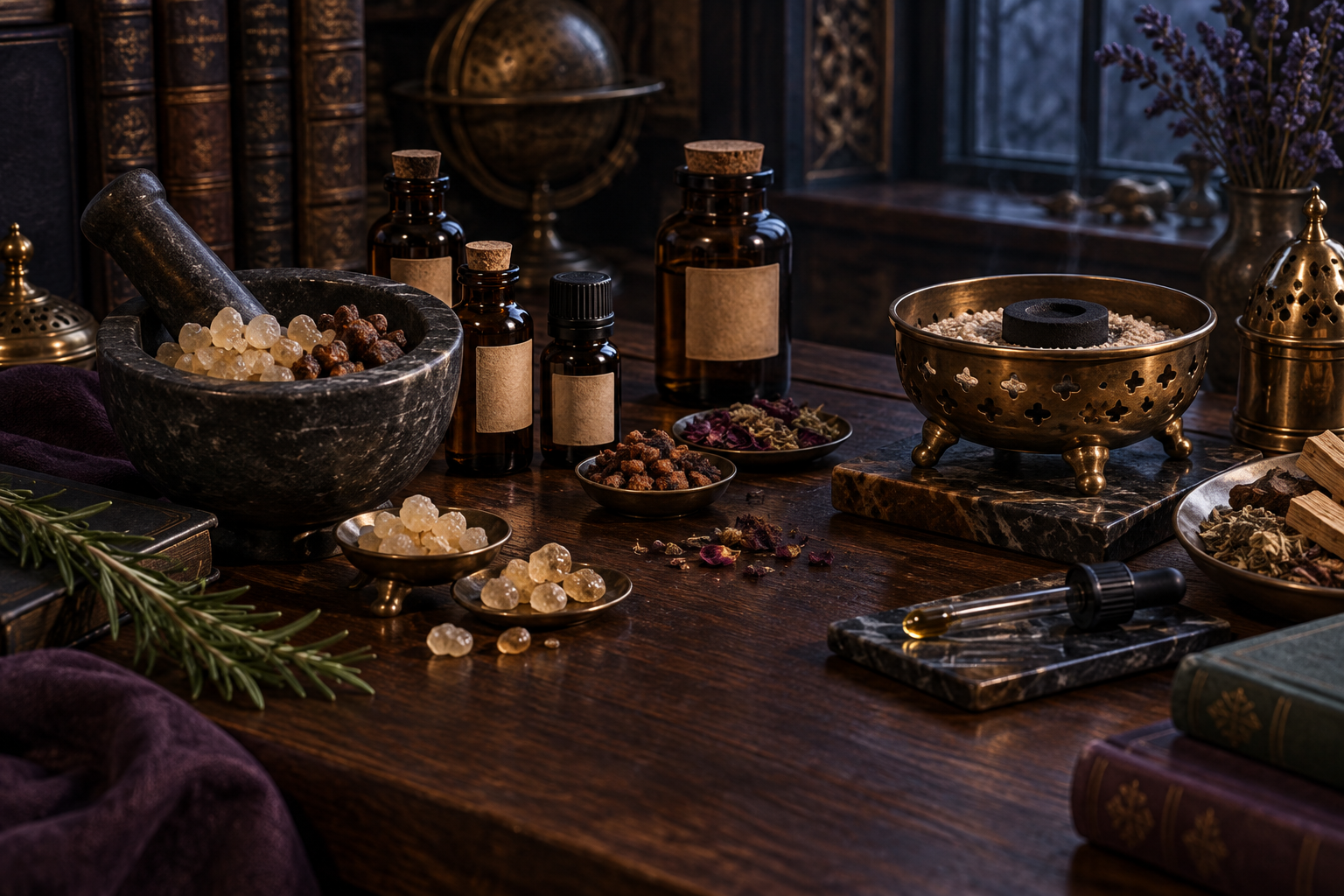 Amber ritual oil bottles, resin incense, stone mortar, dropper, rosemary, and an unlit charcoal tablet on a scholarly table