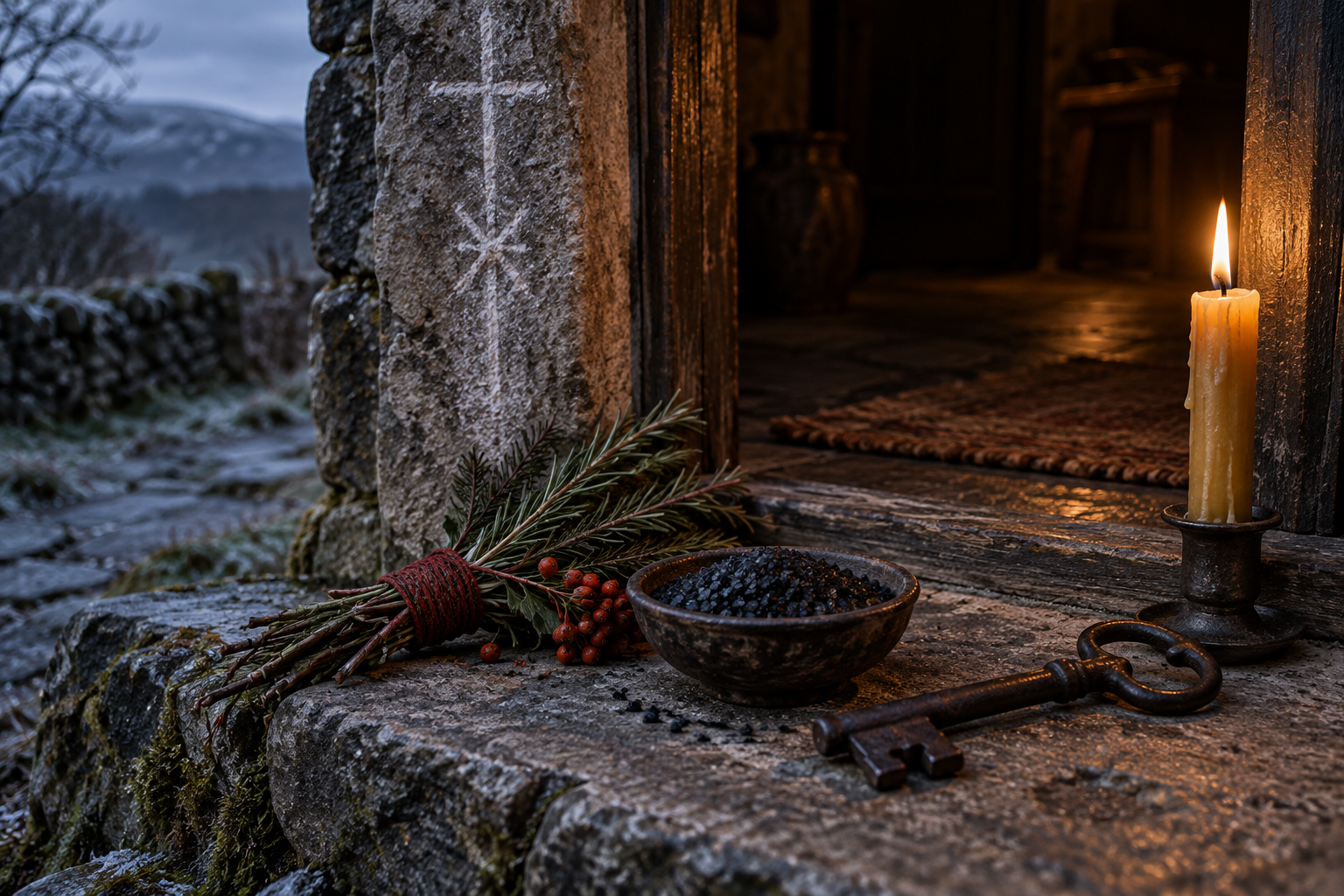 Protective threshold still life with iron key, black salt, rosemary, rowan, chalk, and a beeswax candle