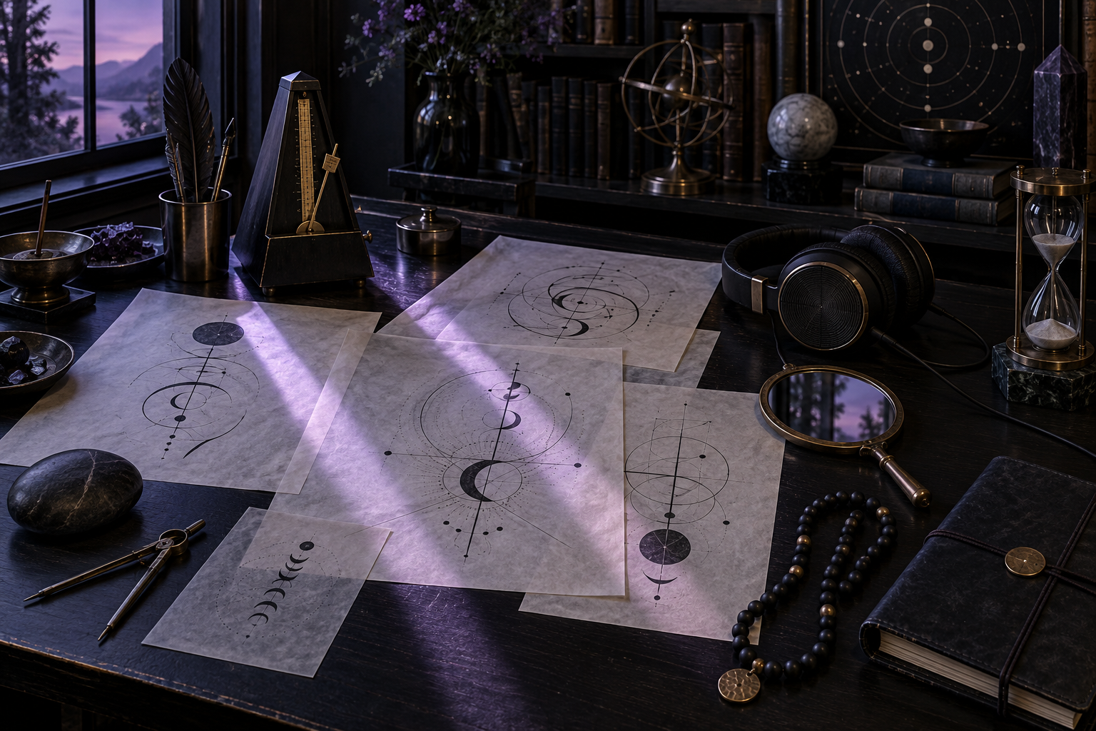 Abstract glyph studies beside a metronome, headphones, hand mirror, hourglass, bead strand, smooth stone, compass, and closed experiment log