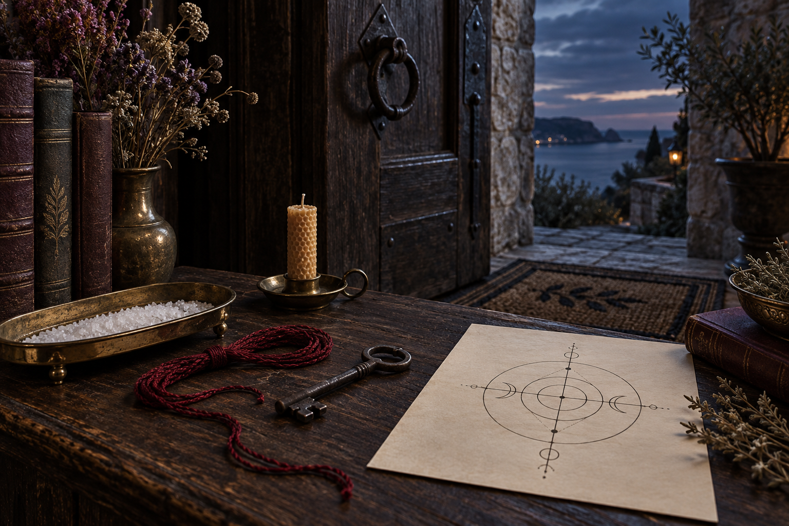 Dark wooden threshold beside a brass salt tray, iron key, red cord, unlit beeswax candle, and geometric ward