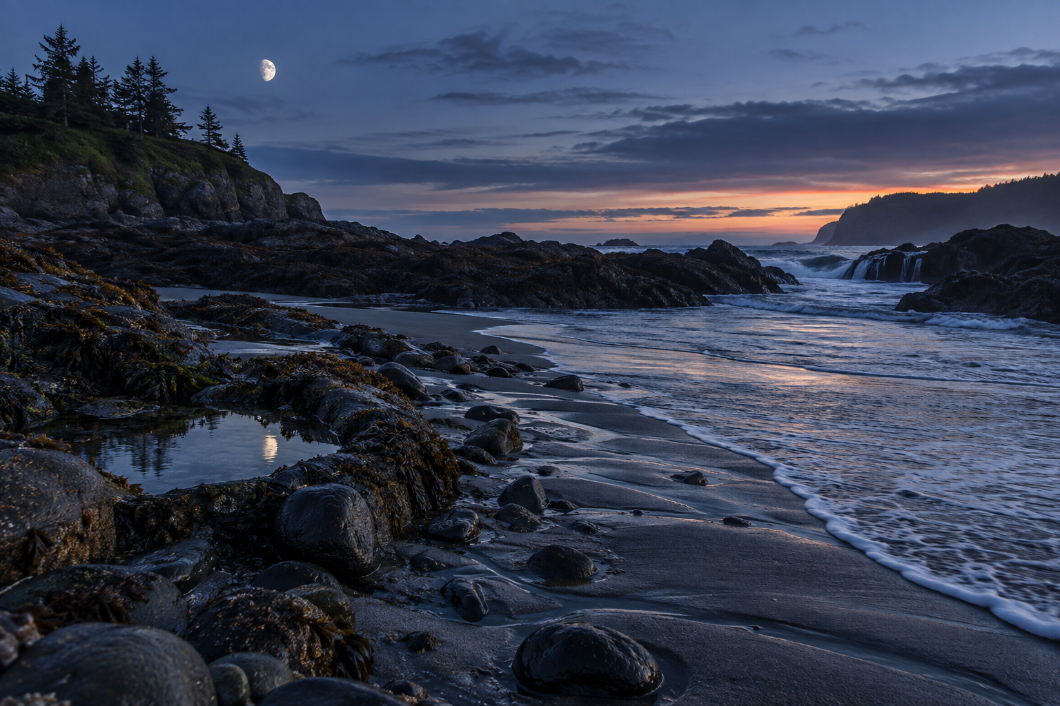 Moon above a blue-hour headland and a wet tidal line crossing sand and stones beside a tidepool