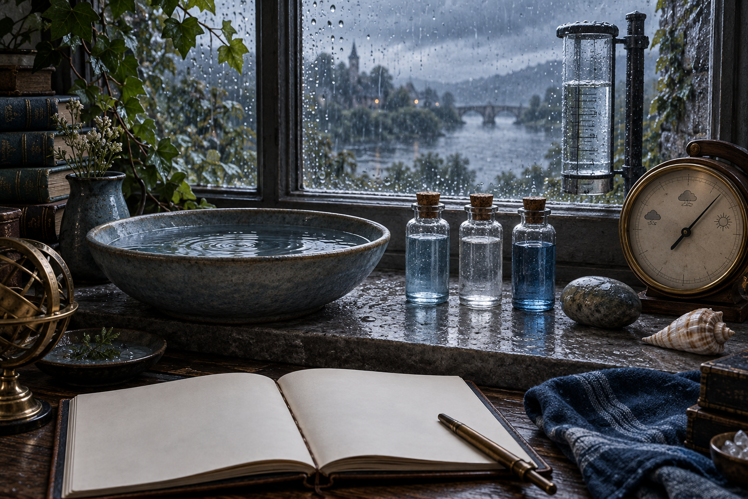 Rainy windowsill with rain gauge, clean-water basin, three textless vials, barometer, blue cloth, river stone, shell, and blank weather log
