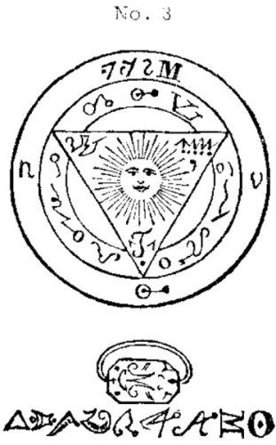 Black Pullet Figure 3 talisman with a radiant face in a triangle and a ring below