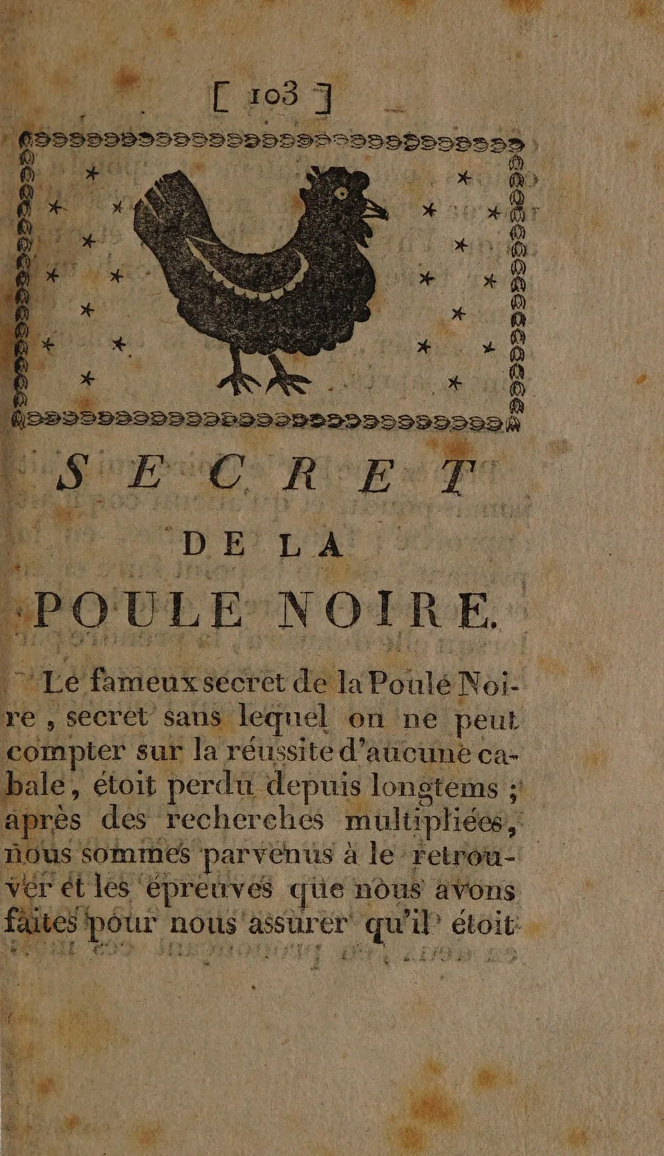 Black hen woodcut above the opening of Secret de la Poule Noire on page 103