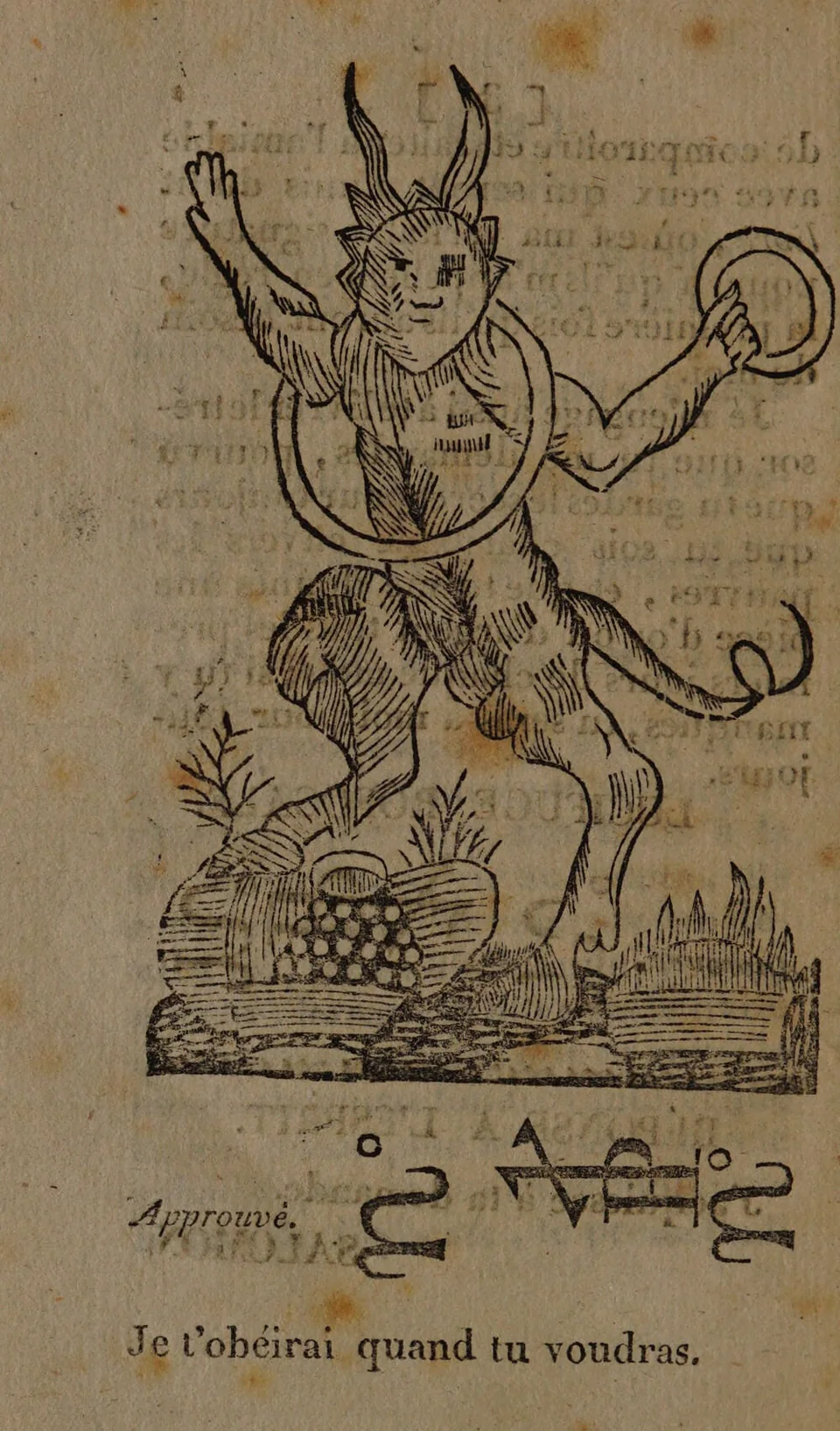 Horned figure, printed sign, and approval statement on page 32 of Le véritable Dragon Rouge