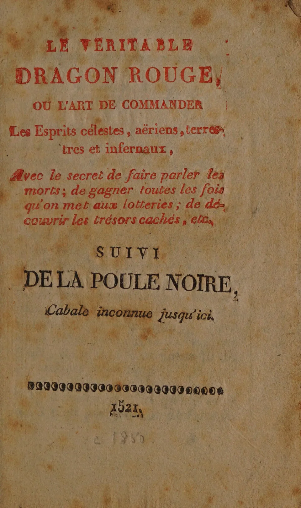 Title page of Le véritable Dragon Rouge printed in red and black with the date 1521