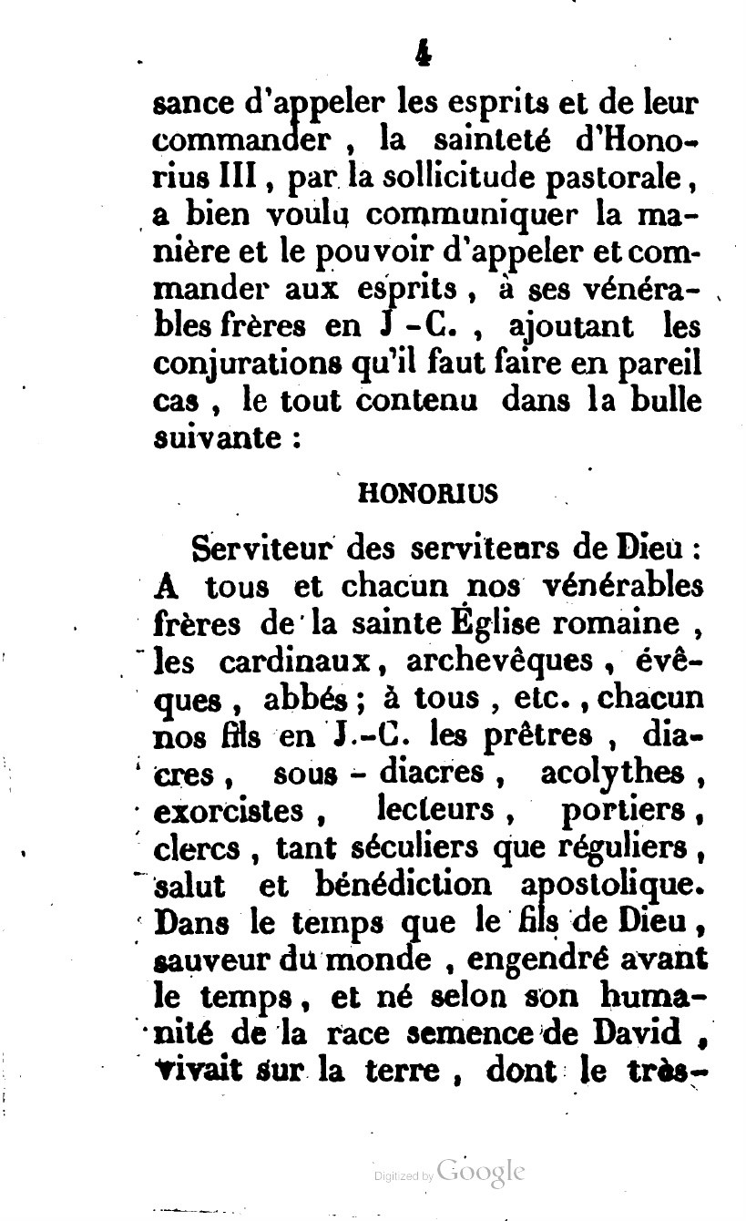 Printed page four of the Grimoire of Pope Honorius opening its counterfeit papal constitution