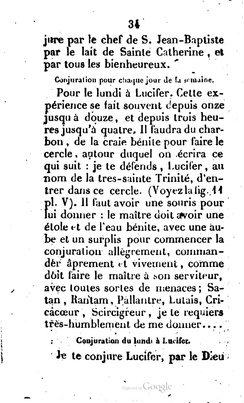 Printed page 34 beginning the Monday Lucifer call in the Grimoire of Pope Honorius