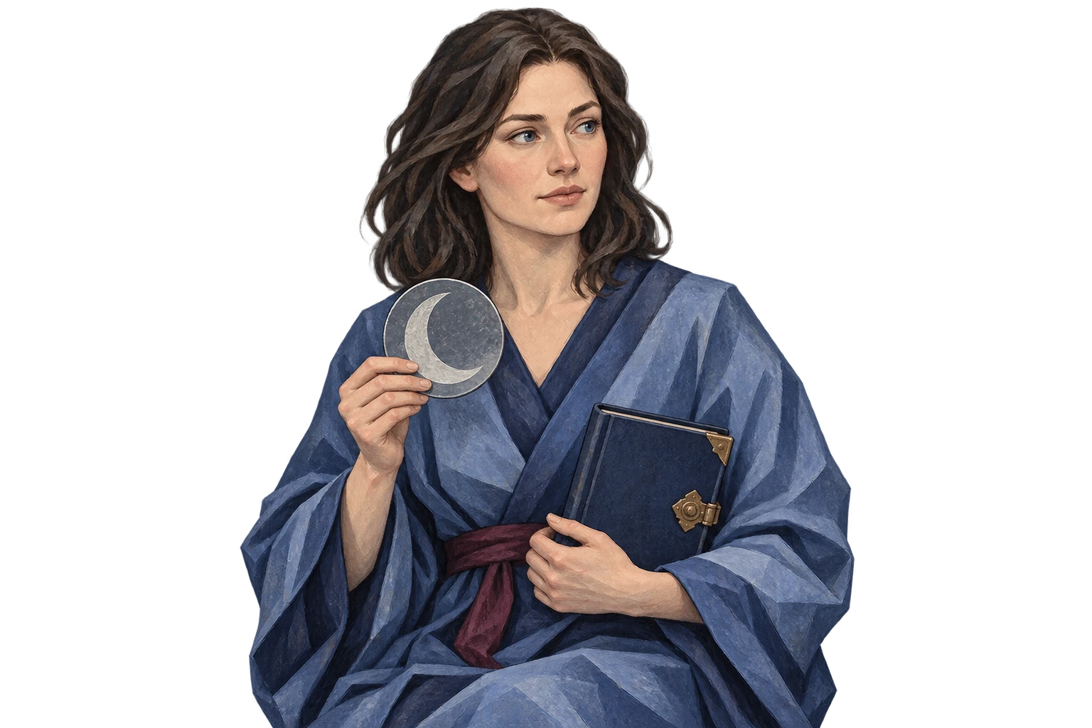 Une sorcière adulte illustrée tenant un livre de référence et un disque en forme de croissant de Lune.