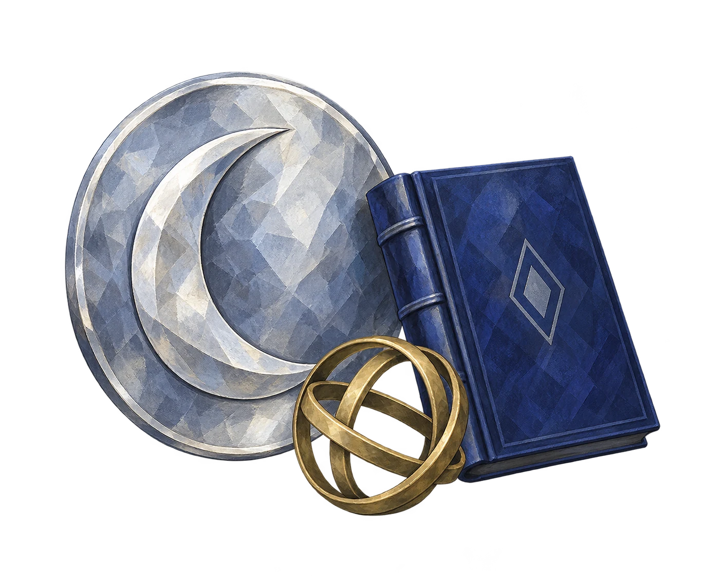 Un disque lunaire décoratif en argent, des anneaux en laiton non gradués et un livre indigo.