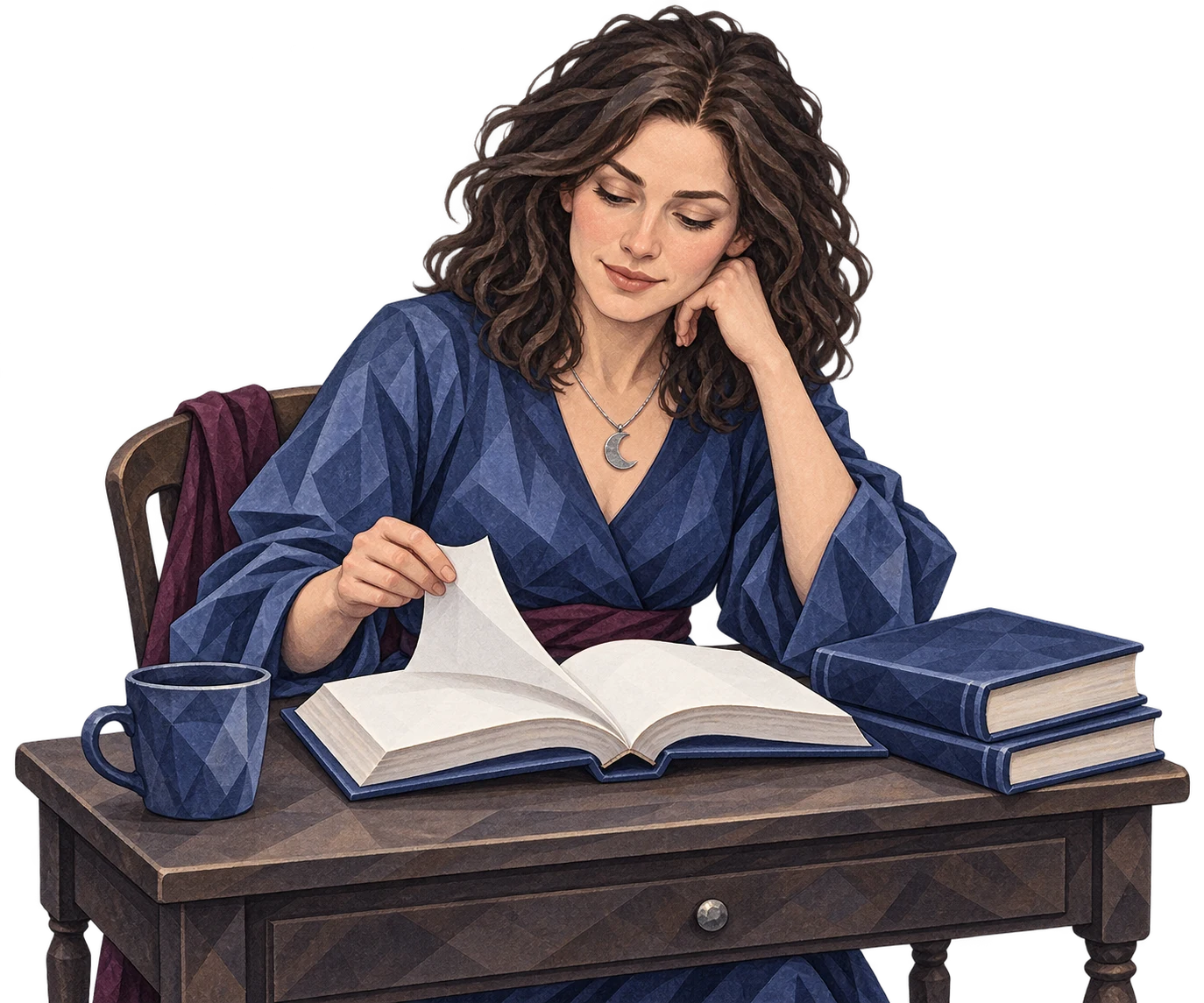 Illustration d'un lecteur adulte tournant une page dans un ouvrage de référence ouvert.