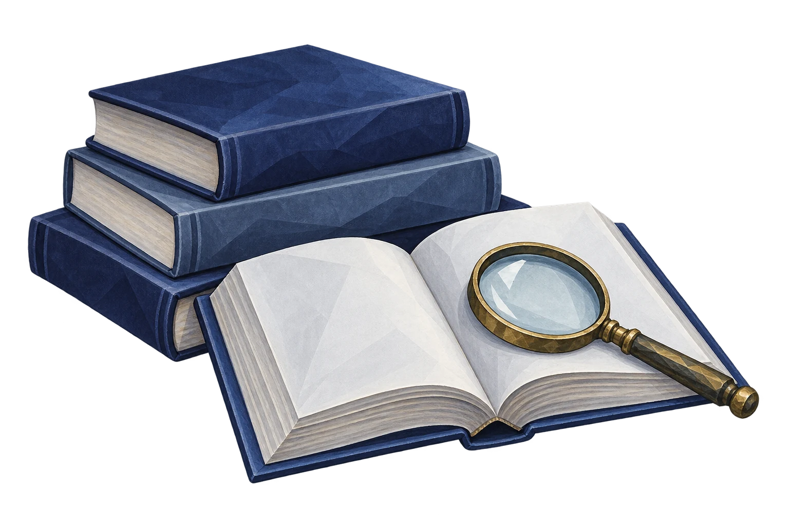 Indigo reference books, a blank open page and a magnifier.