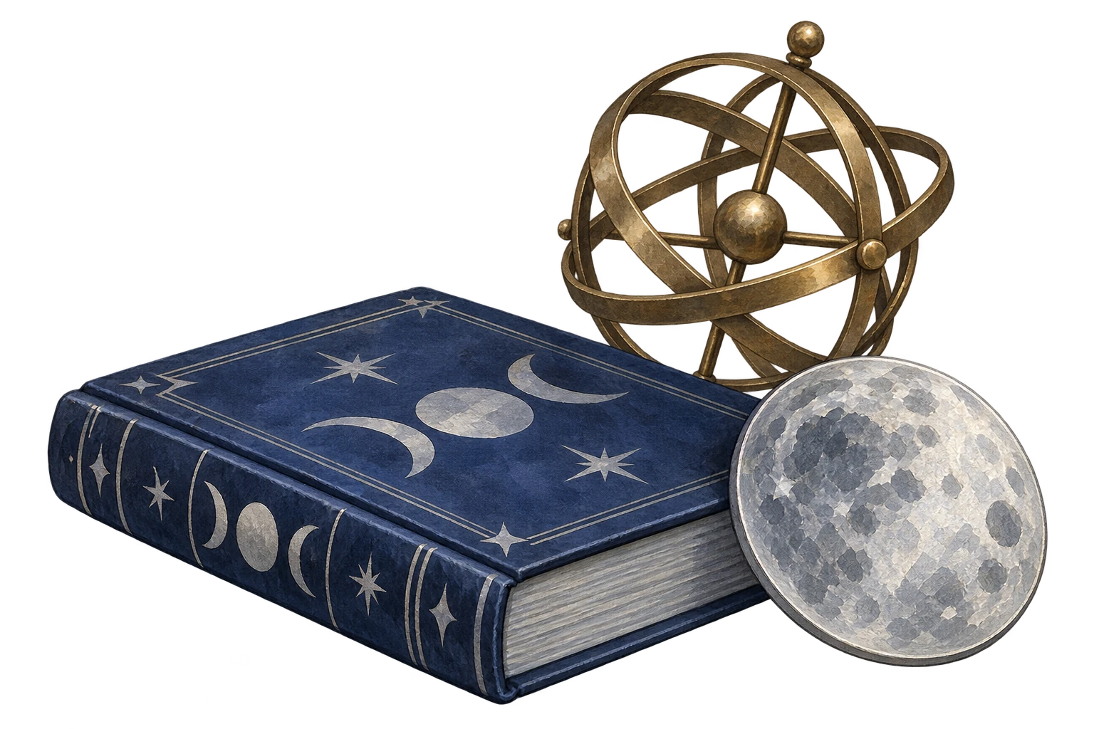 A decorative celestial ring, lunar disc and closed study book.