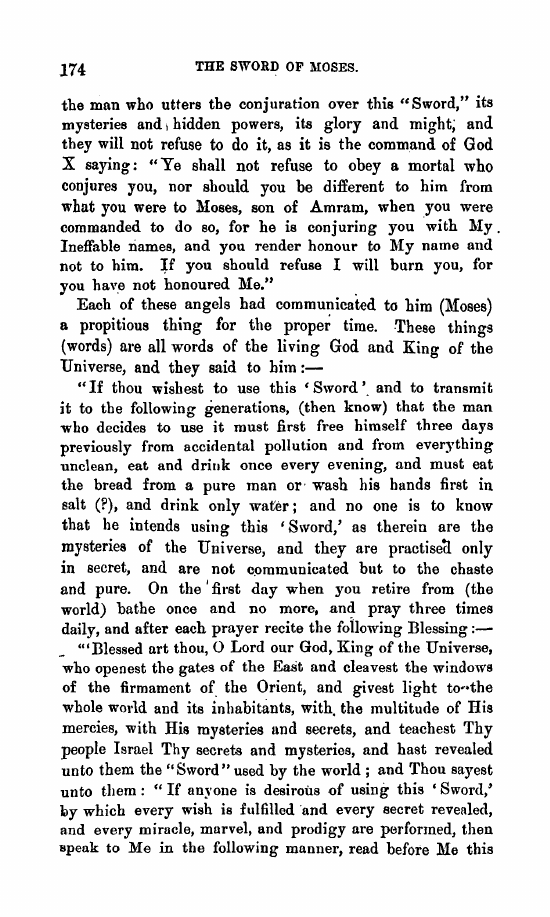 Page 174 of Gaster’s 1896 Sword of Moses article describing three days of purification before using the Sword