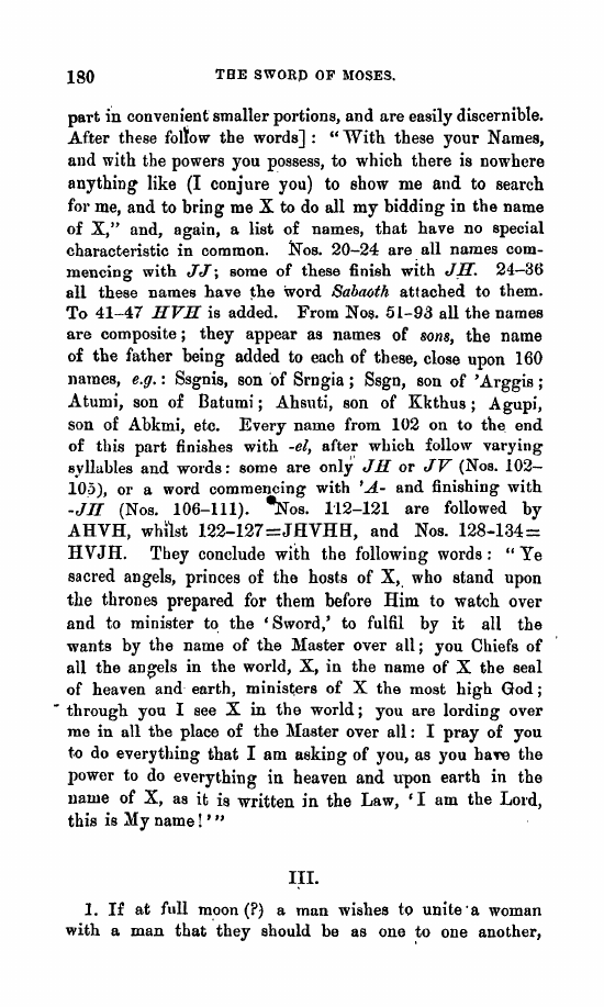 Page 180 of Gaster’s 1896 Sword of Moses article describing recurring forms in the numbered name chain