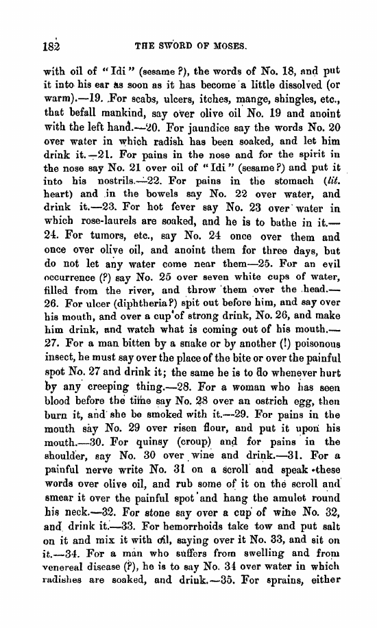 Page 182 of Gaster’s 1896 Sword of Moses article listing numbered healing claims and their material carriers