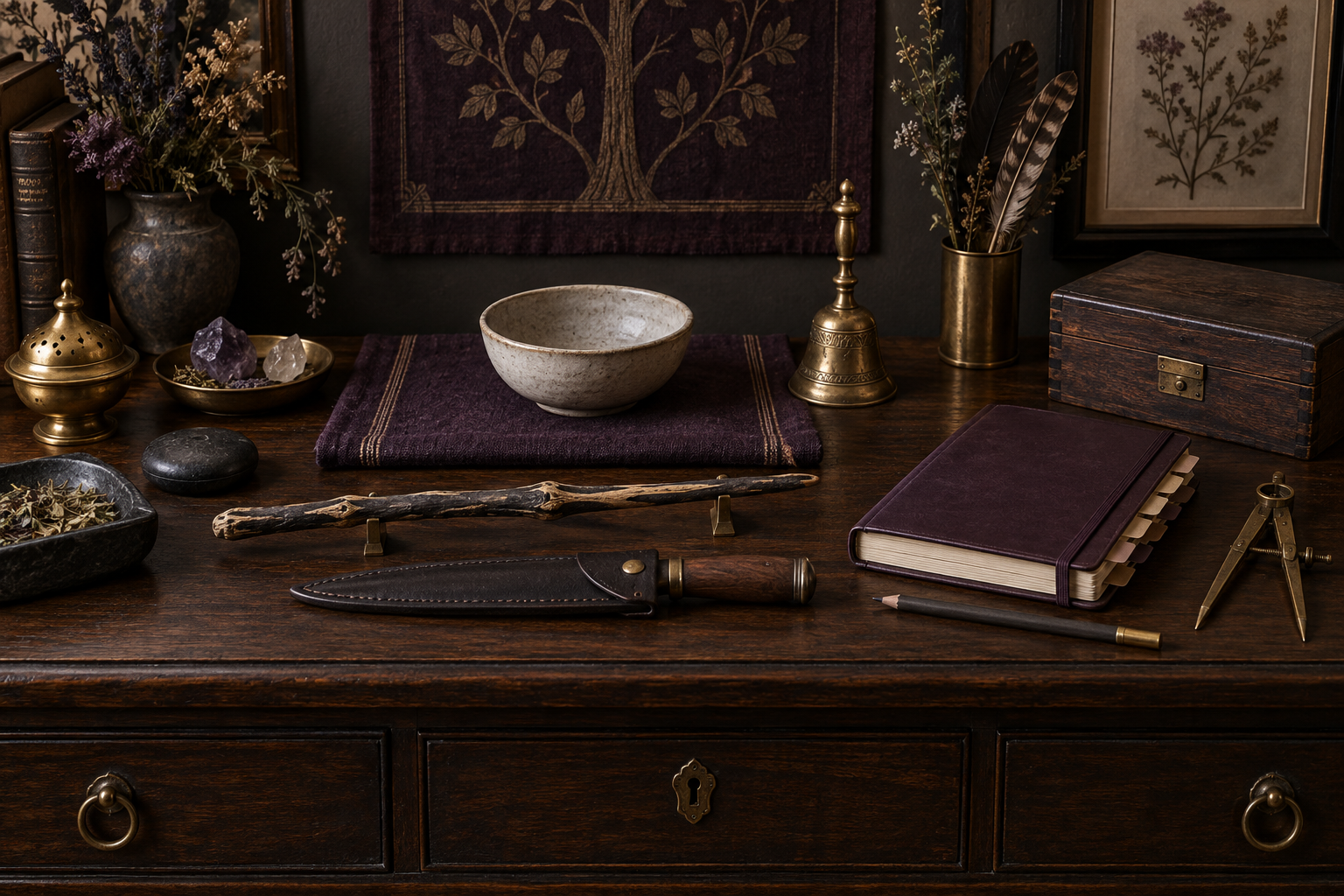 Modular altar with folded cloth, empty bowl, brass bell, fallen-wood wand, sheathed ritual knife, indexed notebook, compass, and storage box