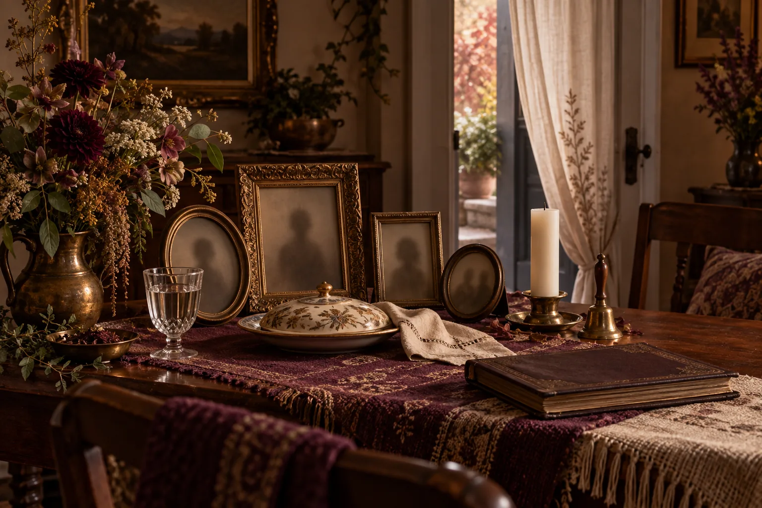 Table de mémoire digne avec des cadres délicatement obscurcis, de l'eau, une assiette couverte, des fleurs, une clochette, un album, une bougie éteinte et une porte ouverte