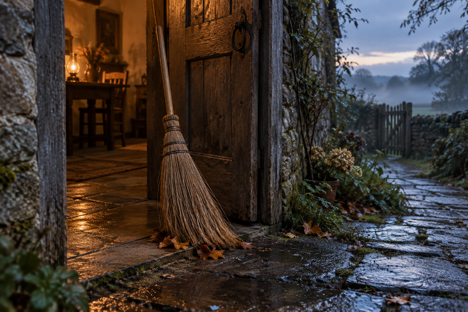 Hand-bound straw besom leaning against a cottage doorway where warm interior light meets a rain-dark garden path