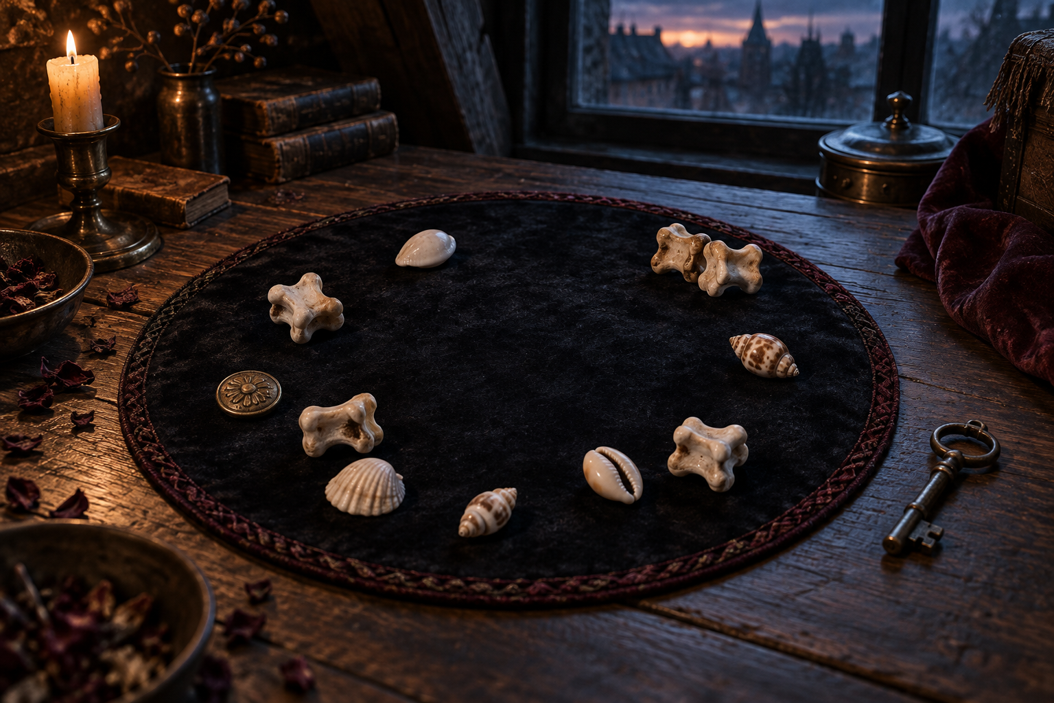 Animal knucklebones and shells scattered across a dark circular casting cloth, with an old key beyond its rim