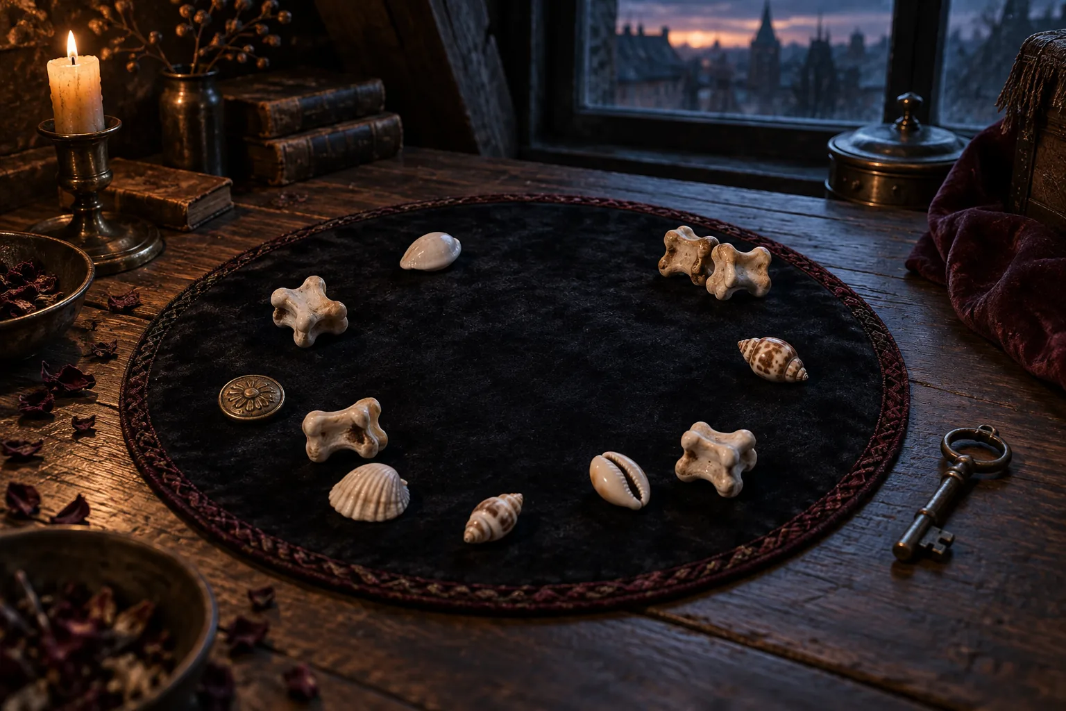 Osselets d'animaux et coquillages éparpillés sur un tapis de tirage circulaire sombre, avec une vieille clé au-delà de sa bordure