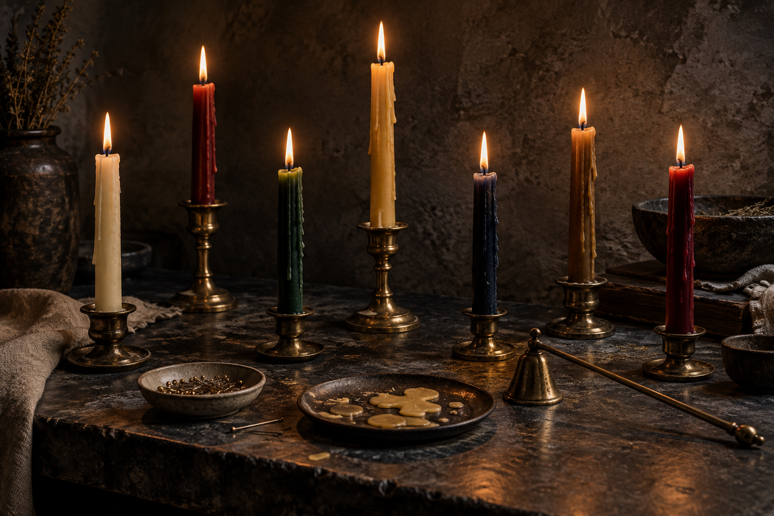 Seven beeswax candles of varied colors beside a brass snuffer, pins, linen, and cooled wax on a stone table