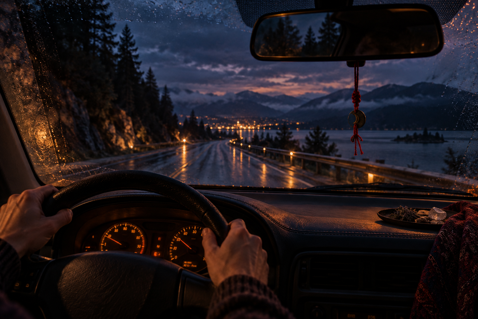 Rain-dark road seen through a car windshield at dusk, with hands steady on the wheel and a small red-thread ward at the mirror