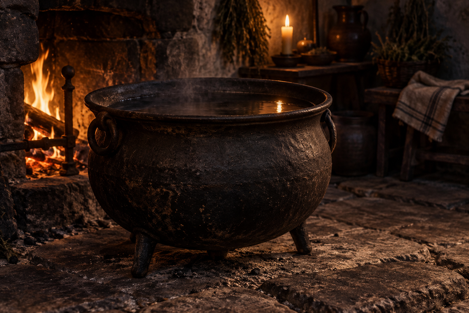Blackened iron cauldron filled with dark water on an old stone hearth in warm low light